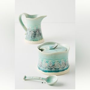 Anthropologie green / blue Old Havana Creamer and Sugar Pot. Like new